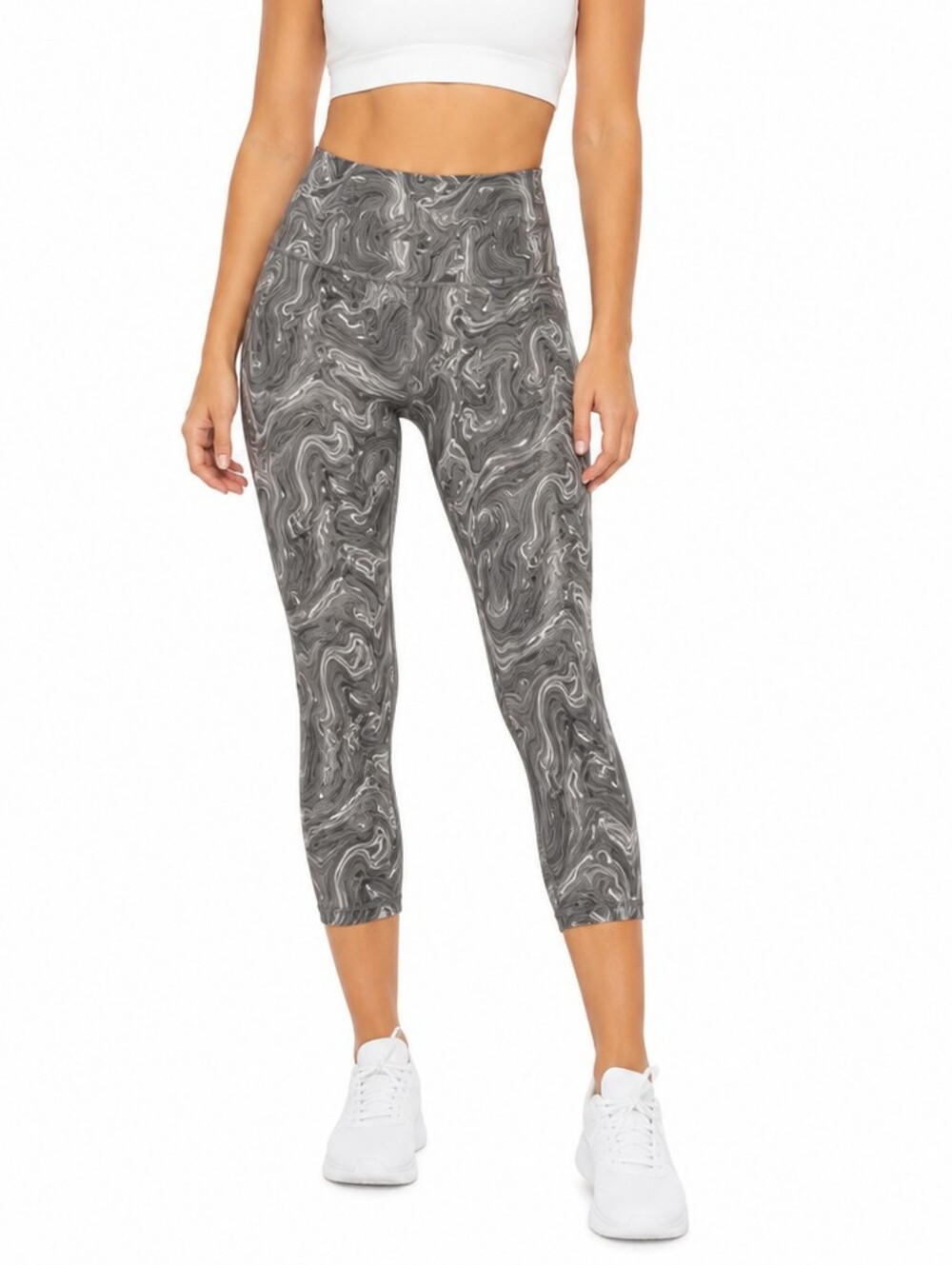 Breezies Marble Print Tummy Control Cropped Leggings Gray Black 3/4
